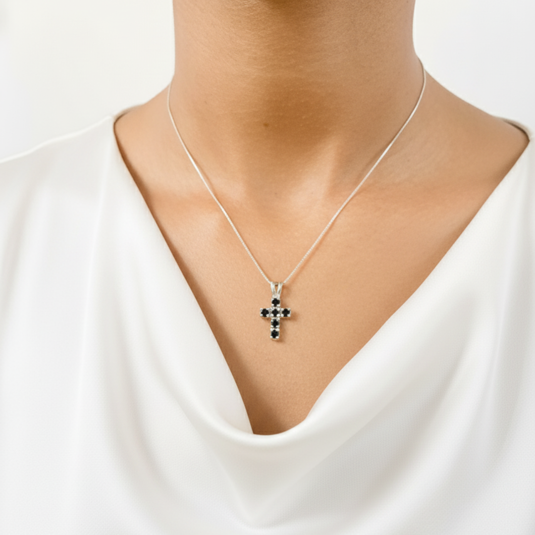Onyx Cross Pendant Necklace - Elegant 925 Sterling Silver Design, perfect for daily wear and special occasions.