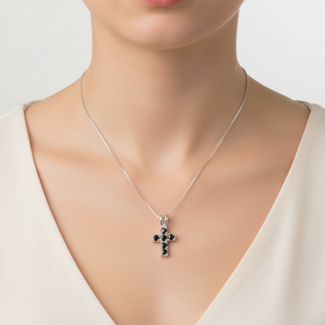 Chic Onyx Cross Pendant Necklace in 925 Sterling Silver - A timeless accessory for birthdays and special moments.