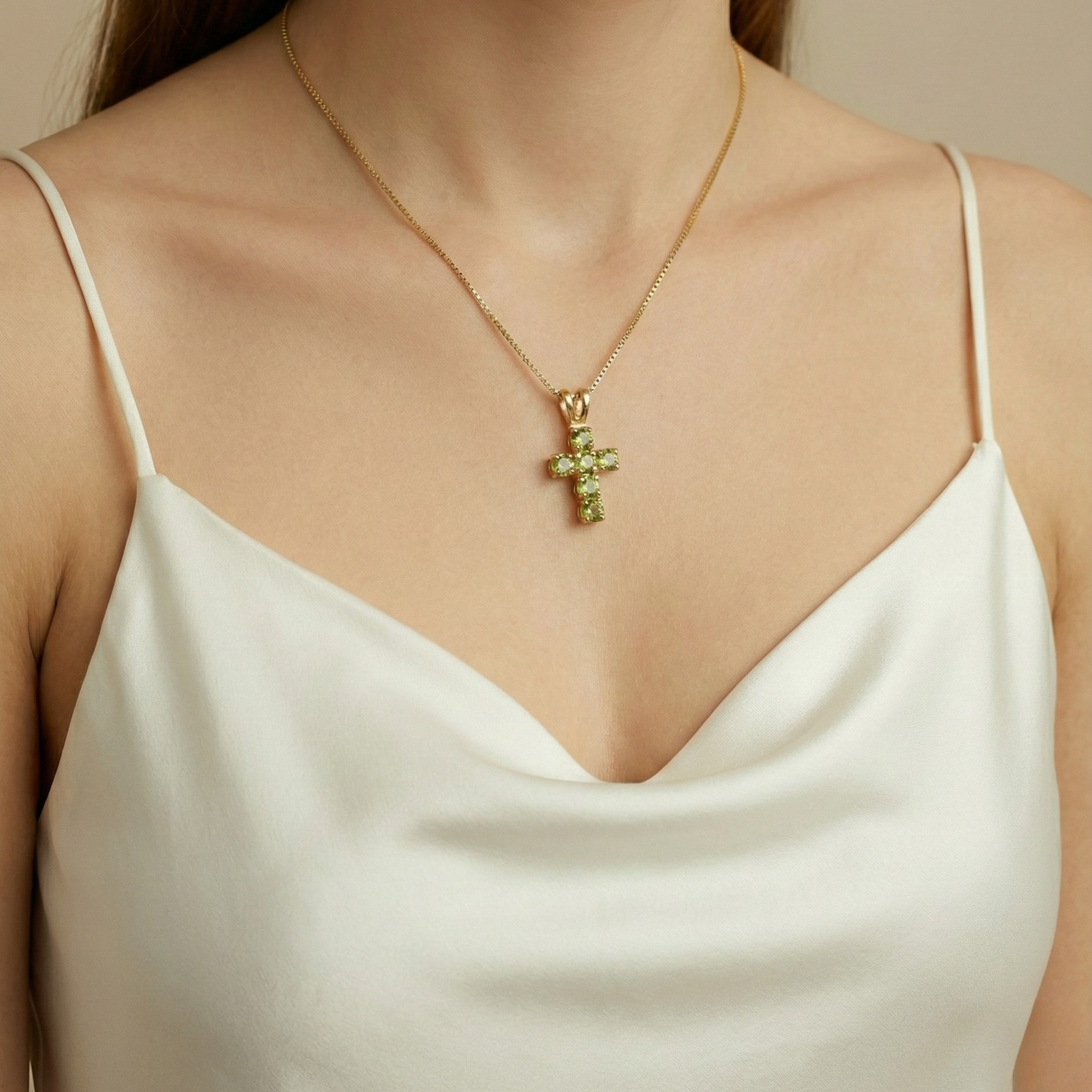 Elegant Gold Peridot Cross Necklace - 18k Gold Vermeil, a stunning green gem pendant for everyday elegance and special occasions.