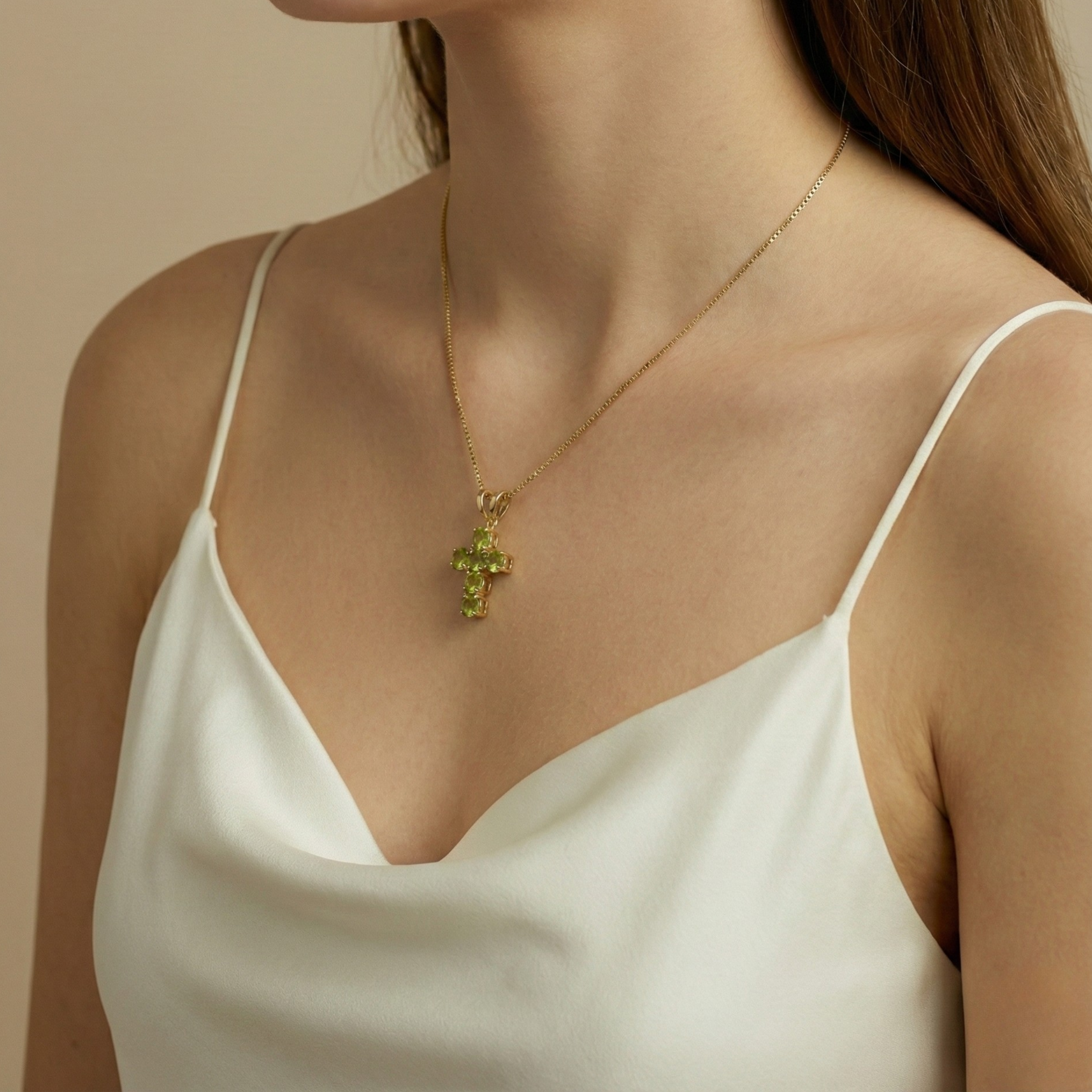 Radiant Gold Peridot Cross Necklace - 18k Gold Vermeil, a versatile green gem piece perfect for birthdays and everyday style.