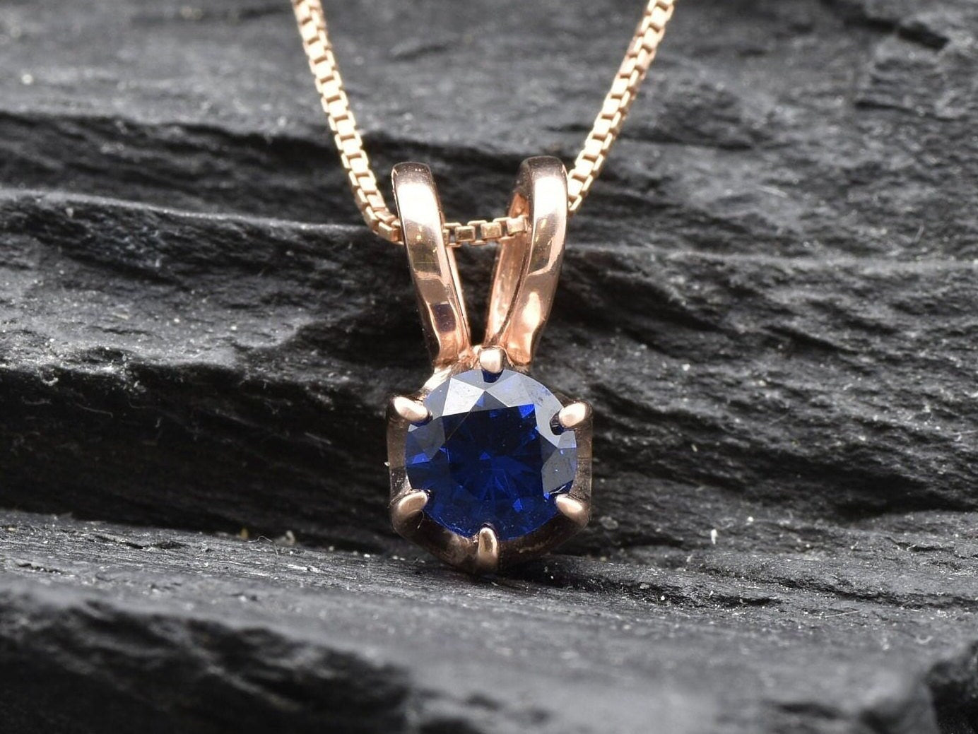 Created Sapphire Pendant made in Rose Gold Vermeil with Round Created Blue Sapphire in Solitaire setting, September Birthstone gift idea, symbolizes sincerity, truth, and faithfulness, ideal for everyday wear and perfect for birthday gifting and special occasions.