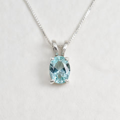 Aquamarine Necklace - Blue Oval Necklace -Silver Aqua Pendant