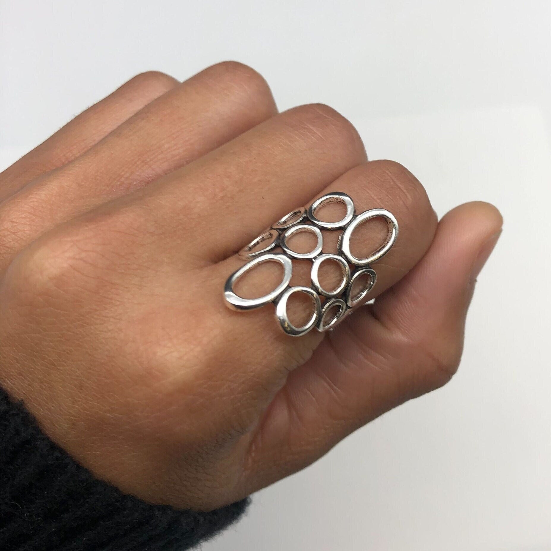 Large Bubble Ring, Artistic Ring, Retro Style Ring, Solid Silver Ring, Long Silver Ring, Unique Design Ring, Artisan Ring, Sterling Silver