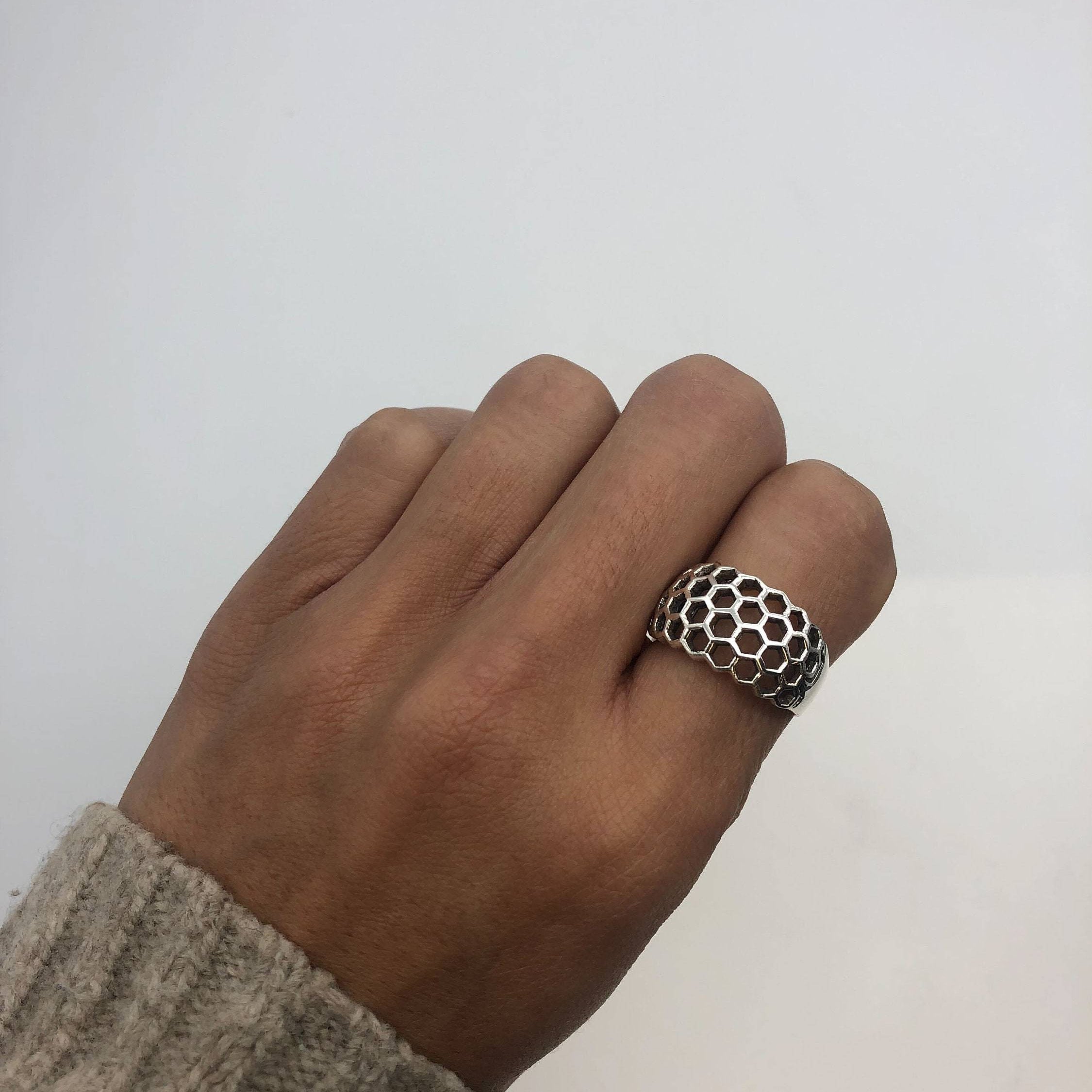 Silver Honeycomb Ring, Unisex Chunky Silver Ring, Mesh Ring, Geometric Filigree Ring, Unique Hexagon Ring, Designer Dome Ring, Solid Silver