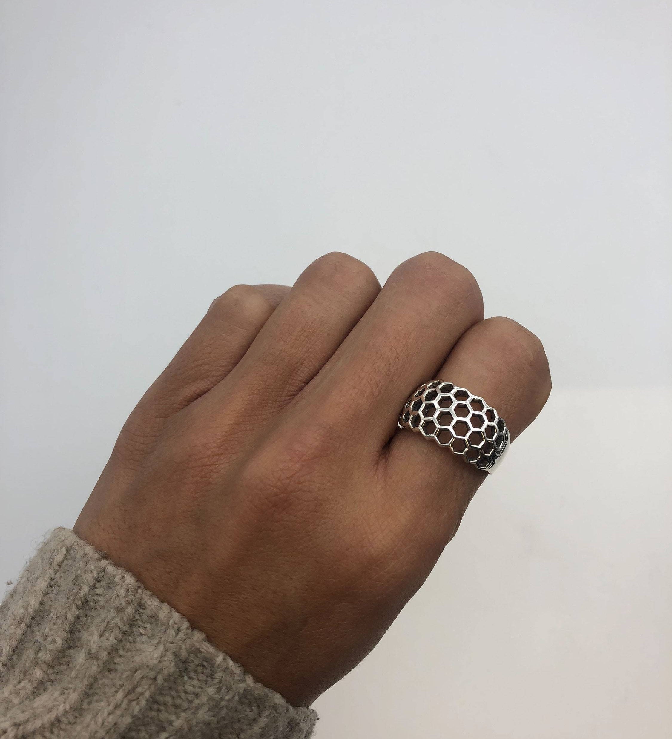 Silver Honeycomb Ring, Unisex Chunky Silver Ring, Mesh Ring, Geometric Filigree Ring, Unique Hexagon Ring, Designer Dome Ring, Solid Silver