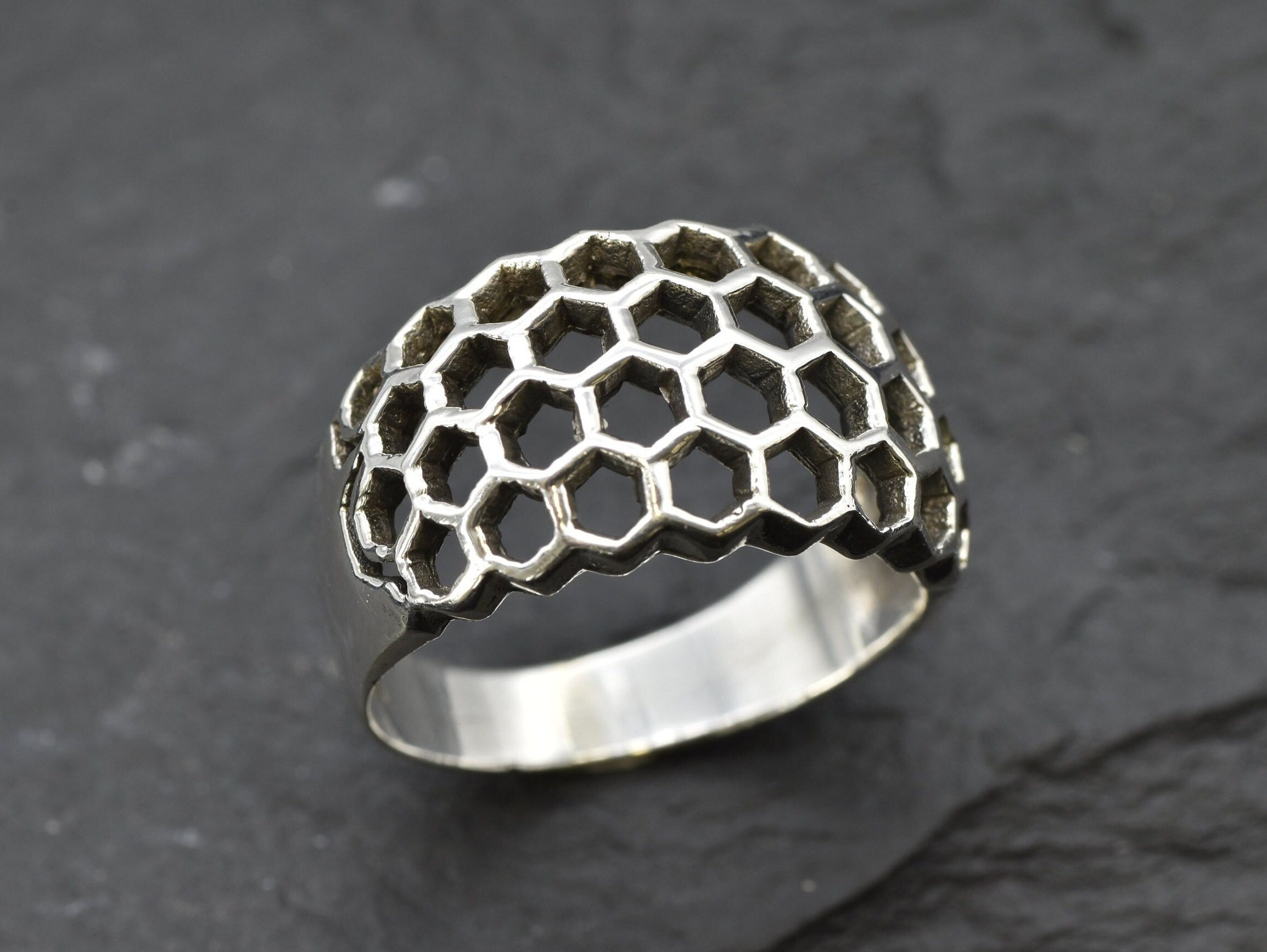 Silver Honeycomb Ring, Unisex Chunky Silver Ring, Mesh Ring, Geometric Filigree Ring, Unique Hexagon Ring, Designer Dome Ring, Solid Silver