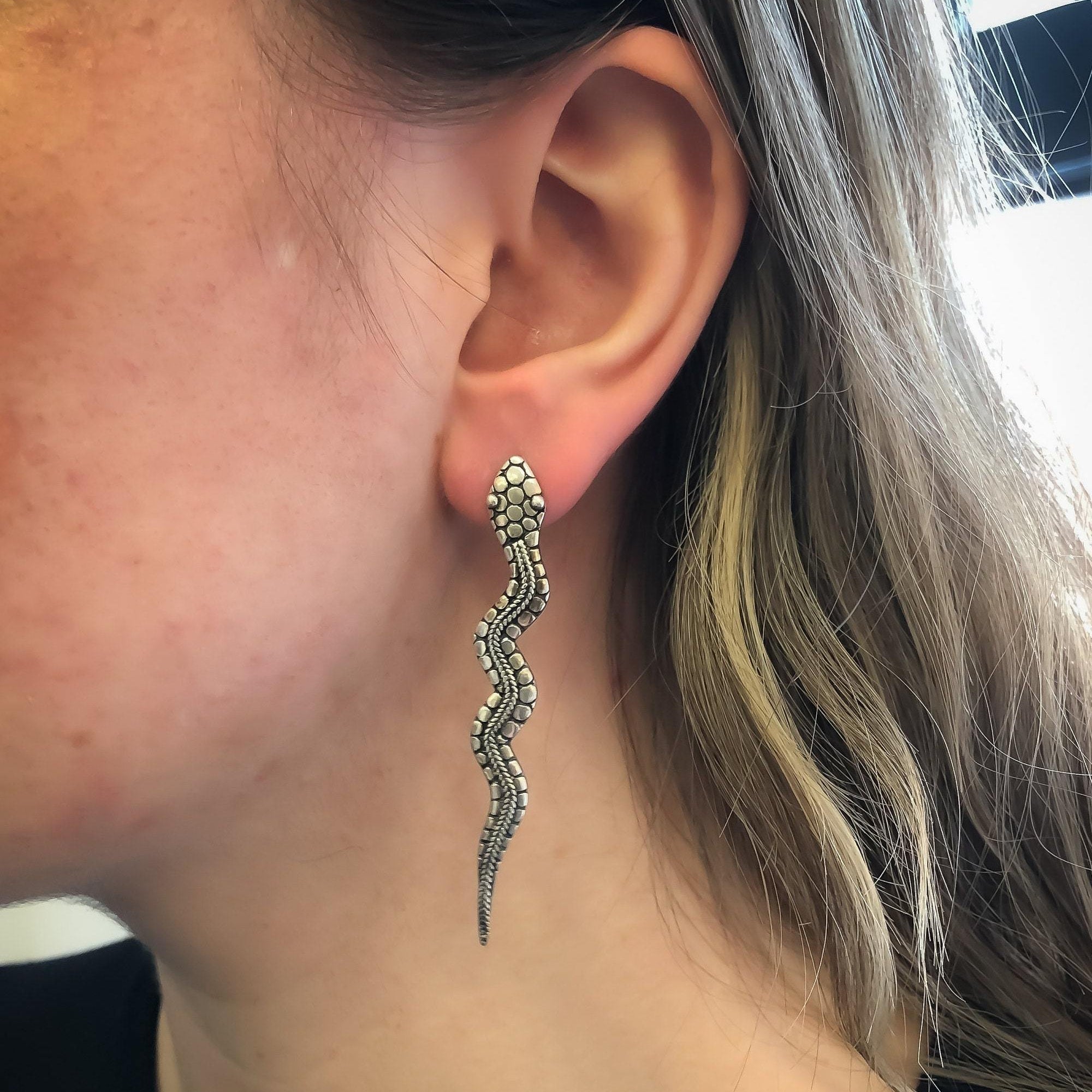 Long Snake Earrings, Serpent Earrings, Silver Snake Earrings, Long Earrings, Statement Earrings, Solid Silver Earrings, 925 Sterling Silver
