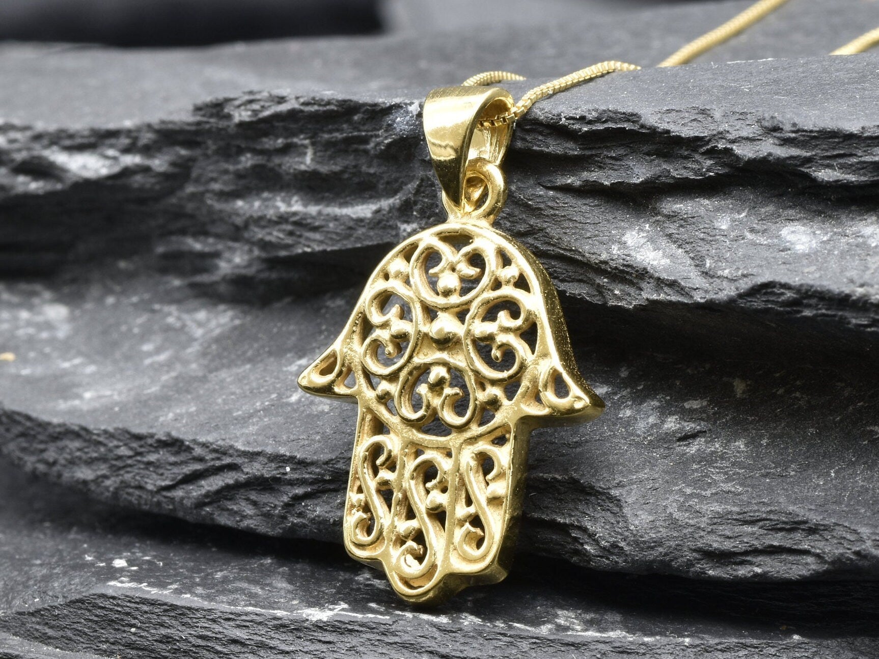 Gold Hamsa Pendant - Gold Fatima Necklace, Gold Hand Pendant made in 18k Gold Vermeil. Ideal for everyday wear and perfect for birthday gifting and special occasions.