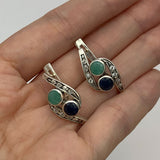 Two Stone Bypass Earrings, Natural Emerald & Sapphire Earrings, Artistic Silver Earrings