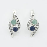 Two Stone Bypass Earrings, Natural Emerald & Sapphire Earrings, Artistic Silver Earrings