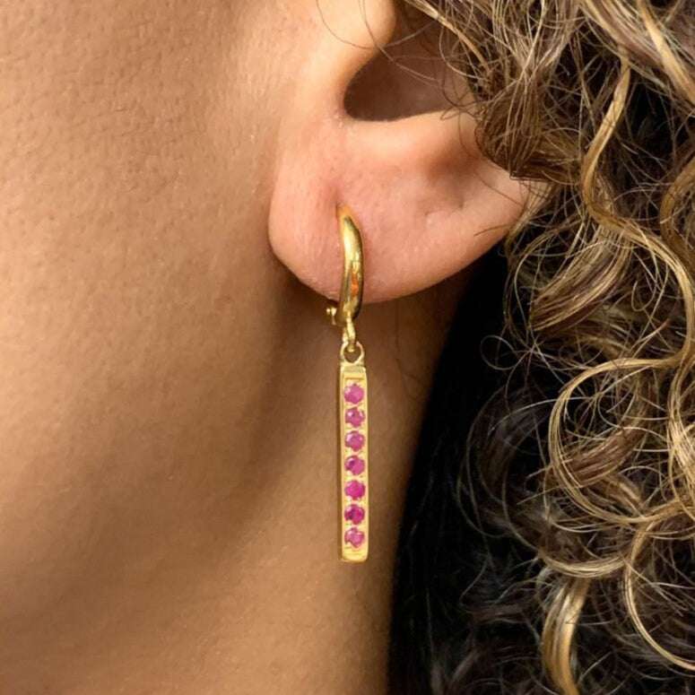 Natural Ruby Earrings in 18k Gold Vermeil, Channel-Set, perfect July birthstone gift for special occasions and everyday wear.