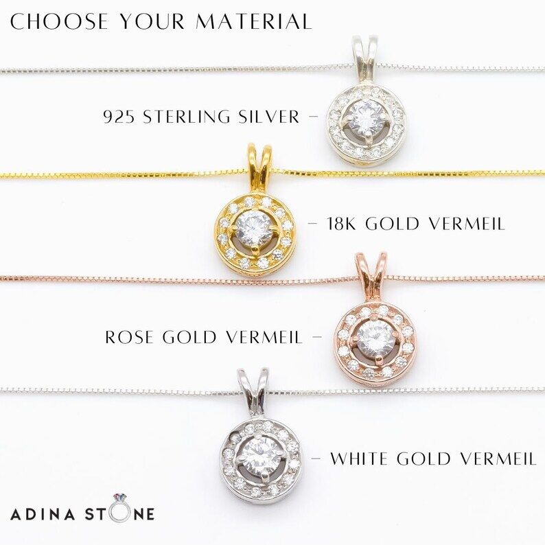 Adina Stone material options for 925 Sterling Silver, 18K Yellow Gold Vermeil, 18K White Gold Vermeil, 18K Rose Gold Vermeil.
