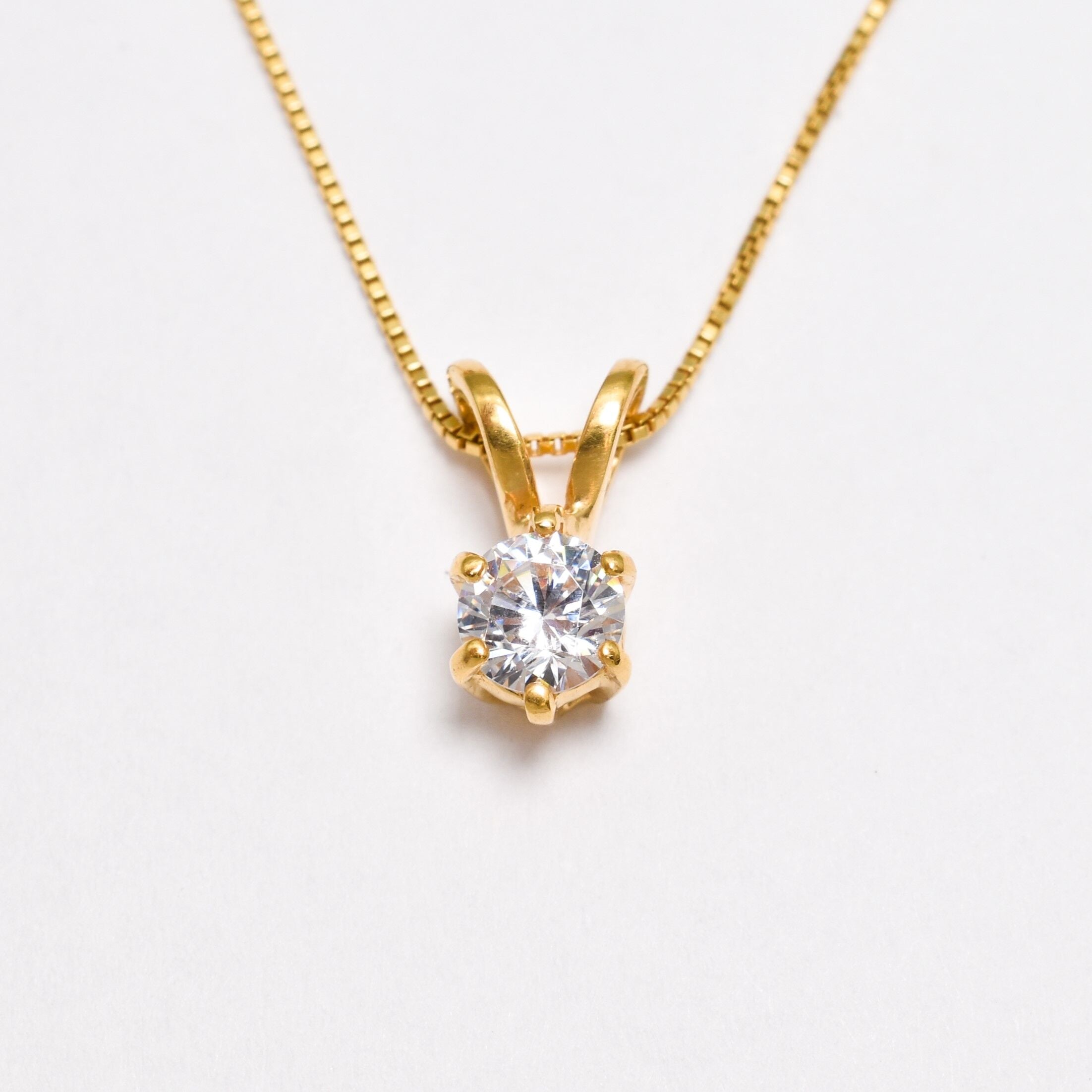 Created CZ Pendant made in 18k Gold Vermeil with Round Created White CZ in Solitaire setting, April Birthstone gift idea, symbolizes, ideal for everyday wear and perfect for birthday gifting and special occasions.