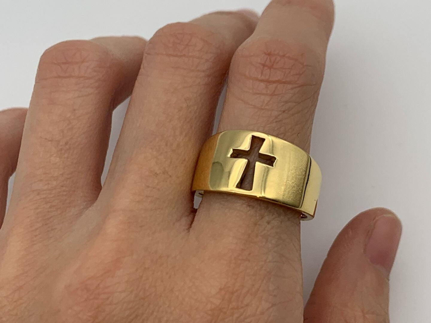 Hollow Cross Ring Gold Cross Thick Band, Gold Christian Ring