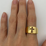 Hollow Cross Ring - Gold Cross Thick Band, Gold Christian Ring