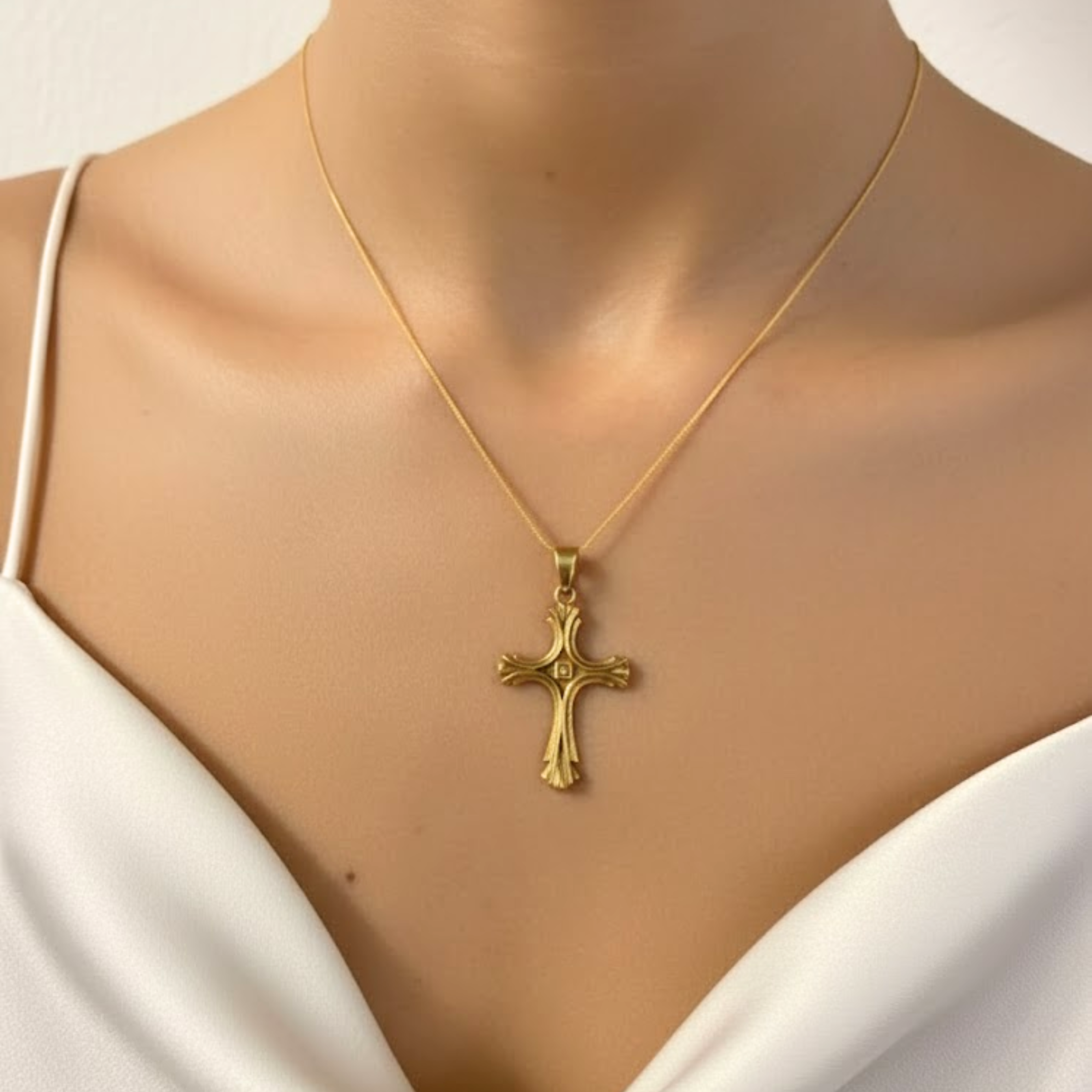 Elegant 18k Gold Vermeil Gothic Cross Pendant, perfect for daily wear and special gifts.