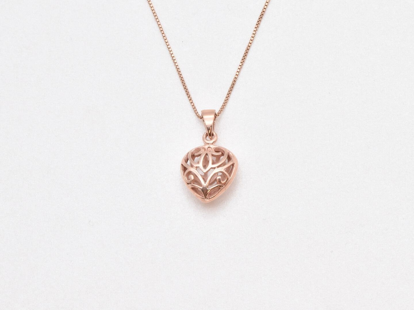 Rose Gold Heart Pendant, Puffed Heart Necklace, Filigree Heart Necklace
