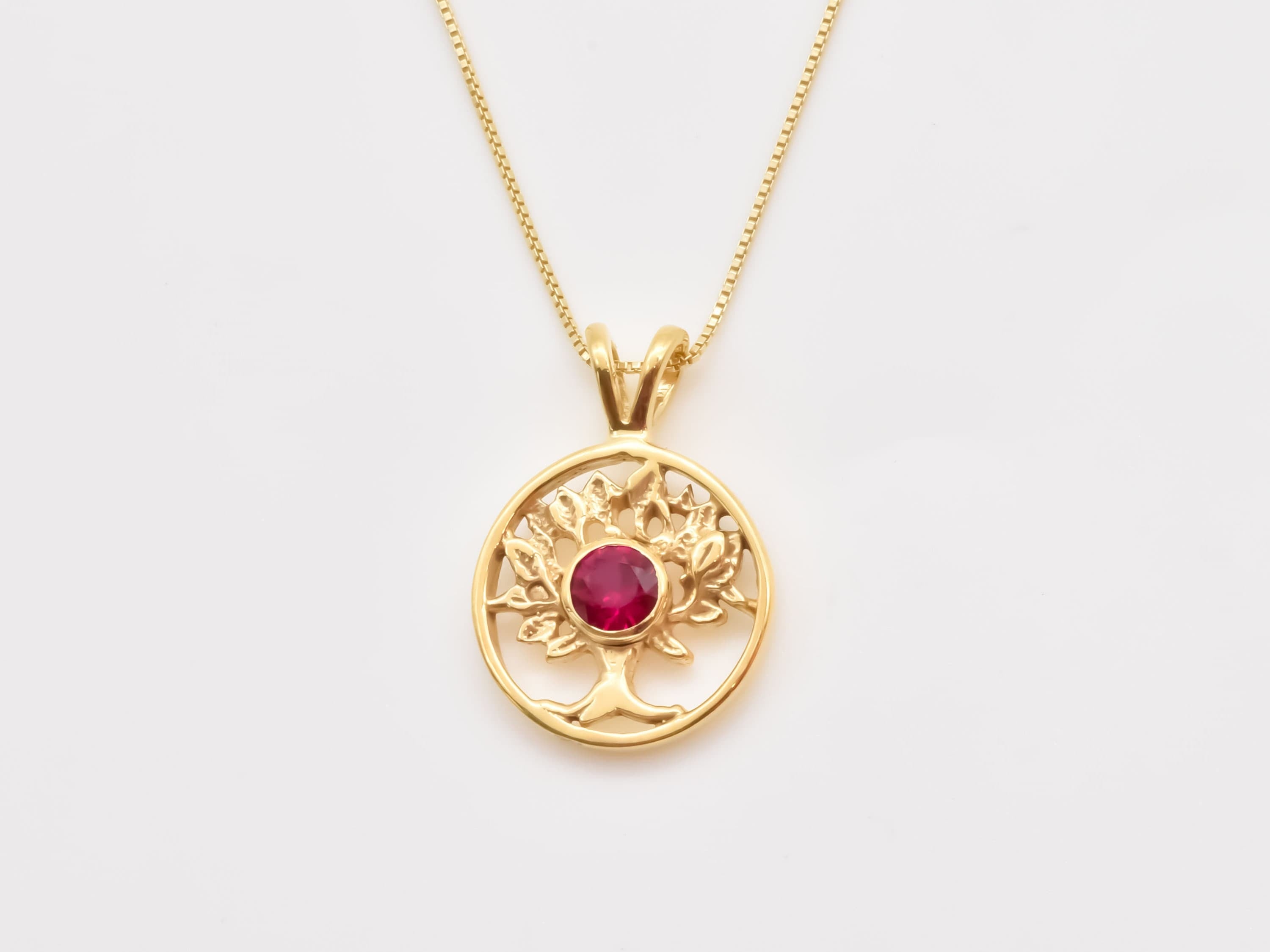 Created Ruby Pendant made in 18k Gold Vermeil with Round Created Red Ruby in Bezel setting, July Birthstone gift idea, symbolizes nobility, purity, and passion, ideal for everyday wear and perfect for birthday gifting and special occasions.
