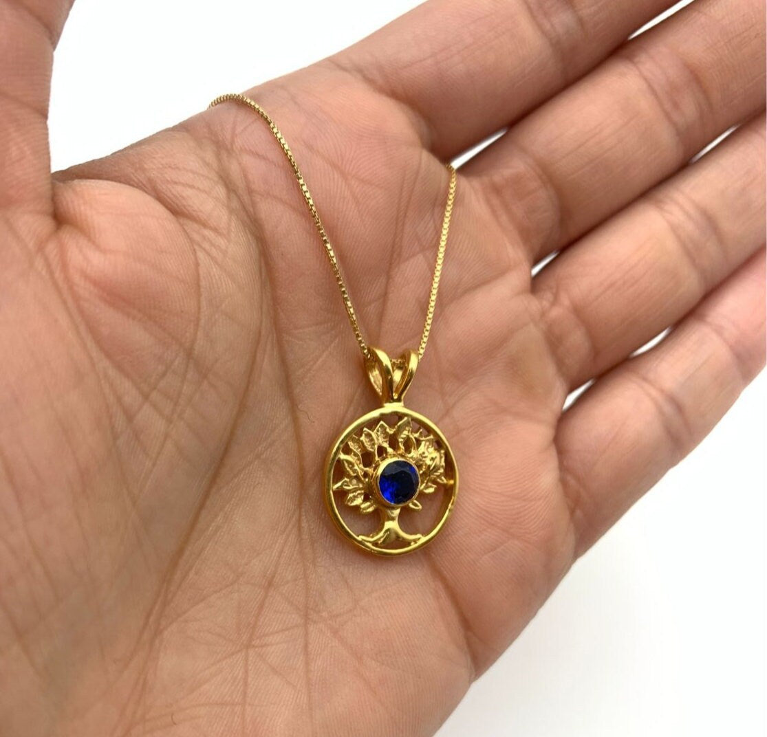 Elegant 18k Gold Vermeil Sapphire Pendant featuring a Round Created Blue Sapphire, perfect for birthdays and special occasions.