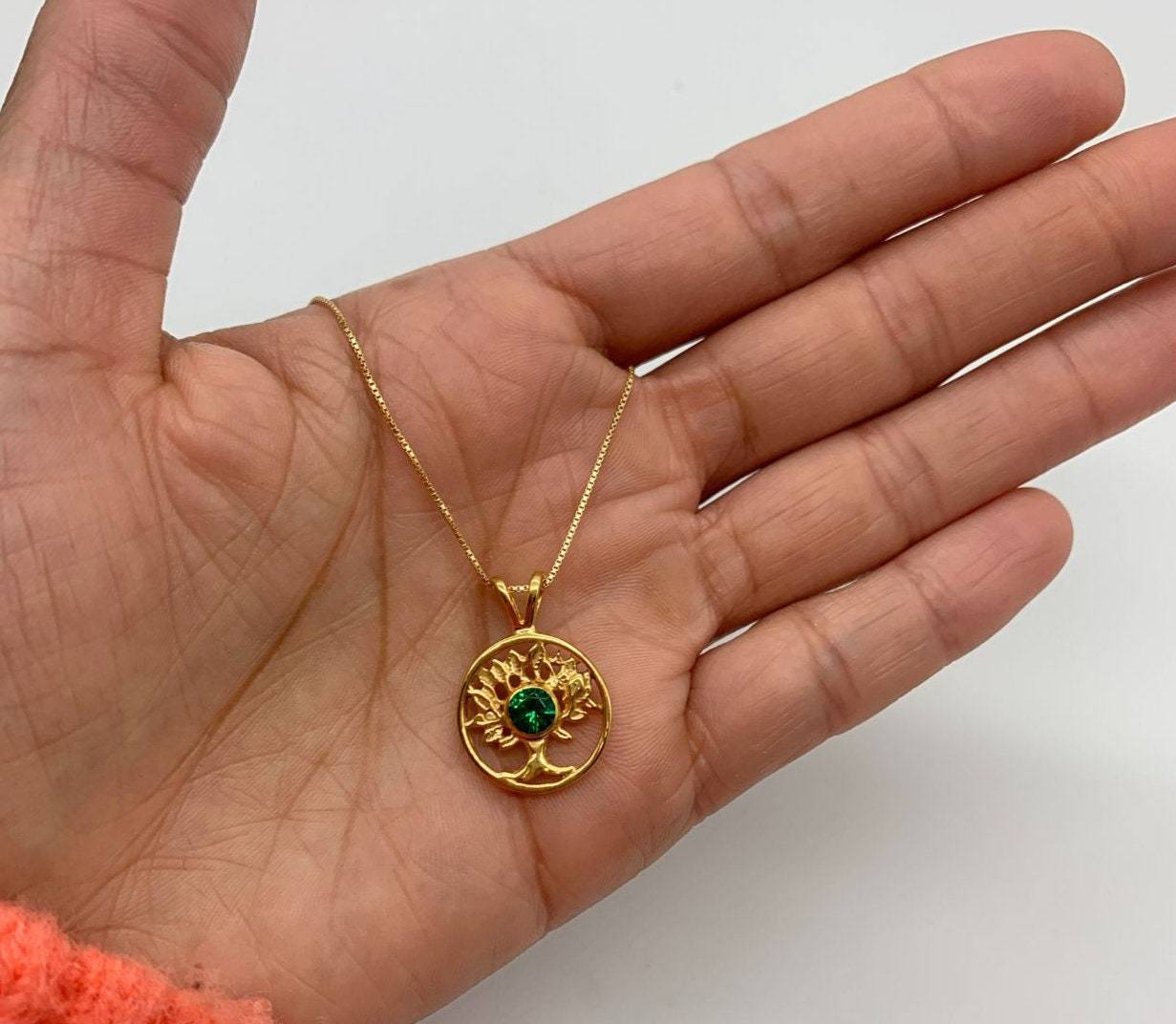 Elegant Created Emerald Pendant in 18k Gold Vermeil, showcasing a Round Created Green Emerald, perfect for everyday elegance.