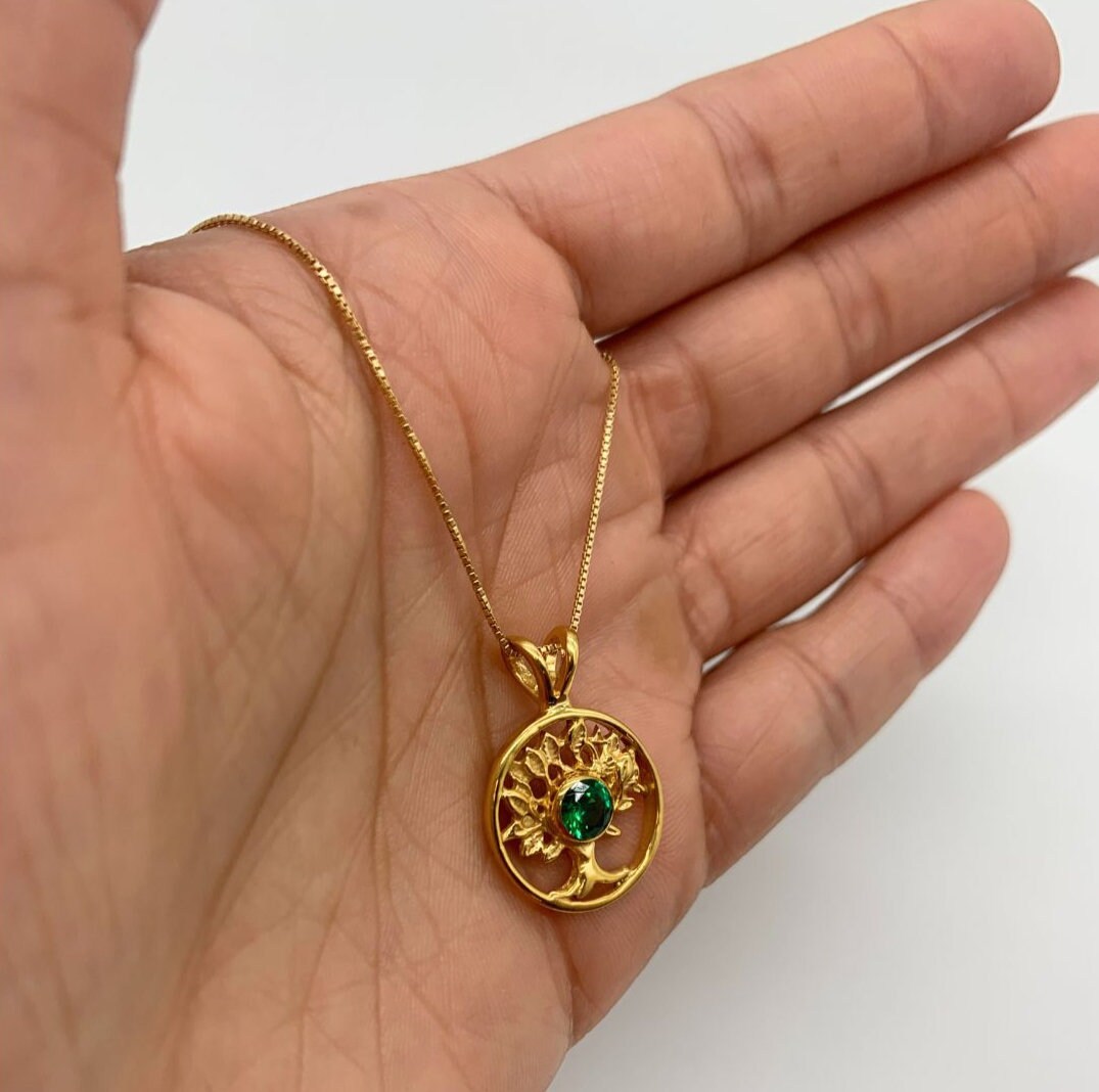 Created Emerald Pendant in 18k Gold Vermeil, featuring a Round Created Green Emerald, perfect for birthdays and special occasions.