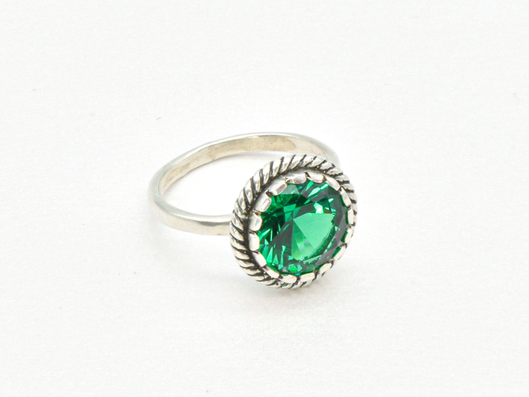 Created Emerald Ring made in 925 Sterling Silver with Round Created Green Emerald in Prong setting, May Birthstone gift idea, symbolizes, ideal for everyday wear and perfect for birthday gifting and special occasions.