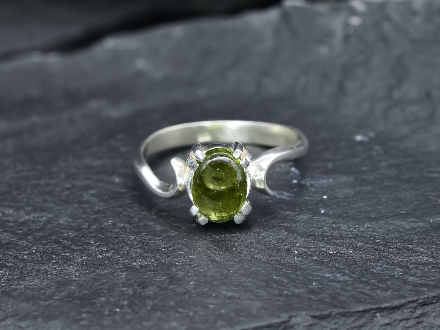 Green Tourmaline Ring, Solitaire Silver Ring, Green Gem Ring
