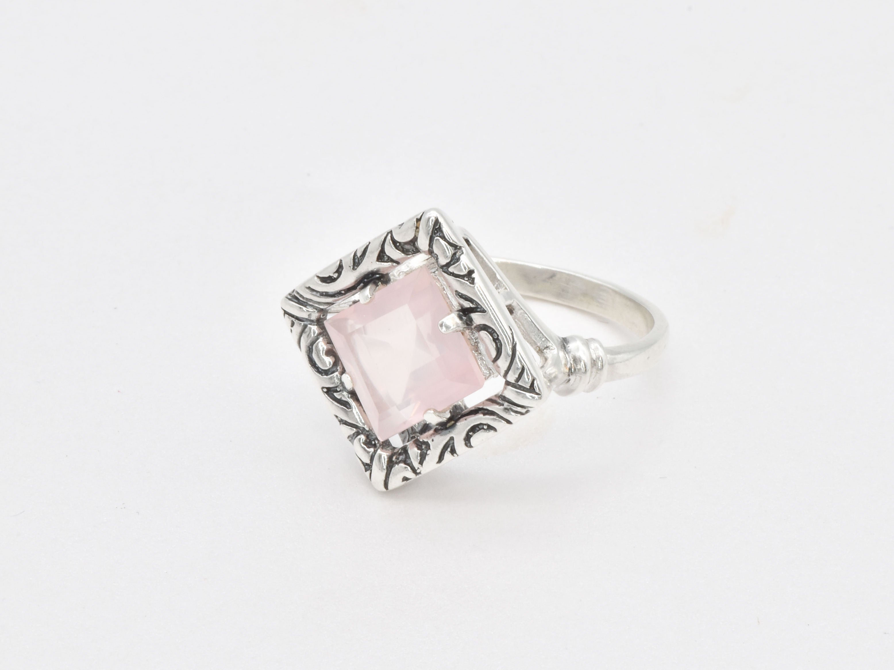 Pink Square Ring, Natural Rose Quartz, Silver Boho Ring