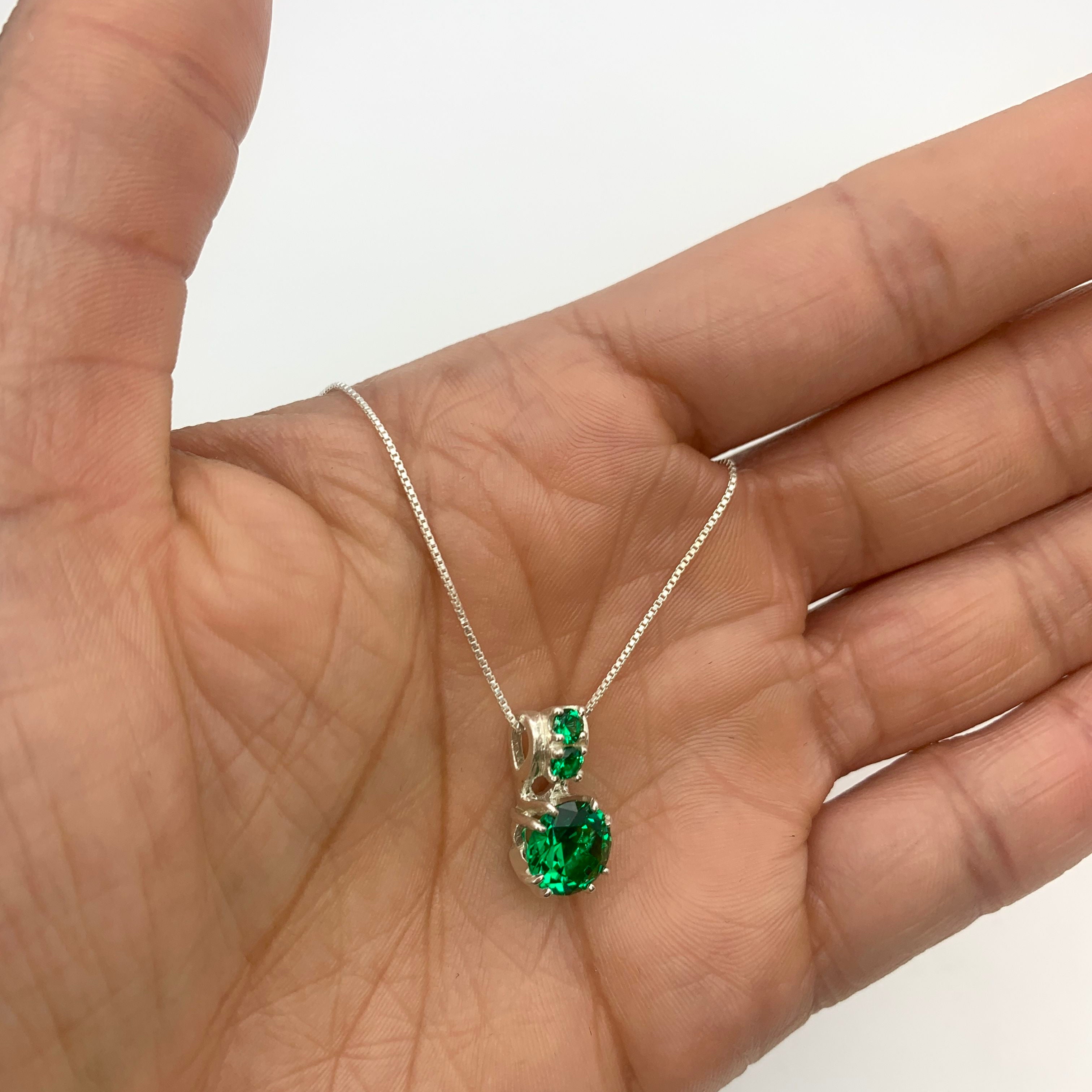 Elegant 925 Sterling Silver Emerald Pendant with Round Created Green Emerald, perfect for May birthdays and special occasions.