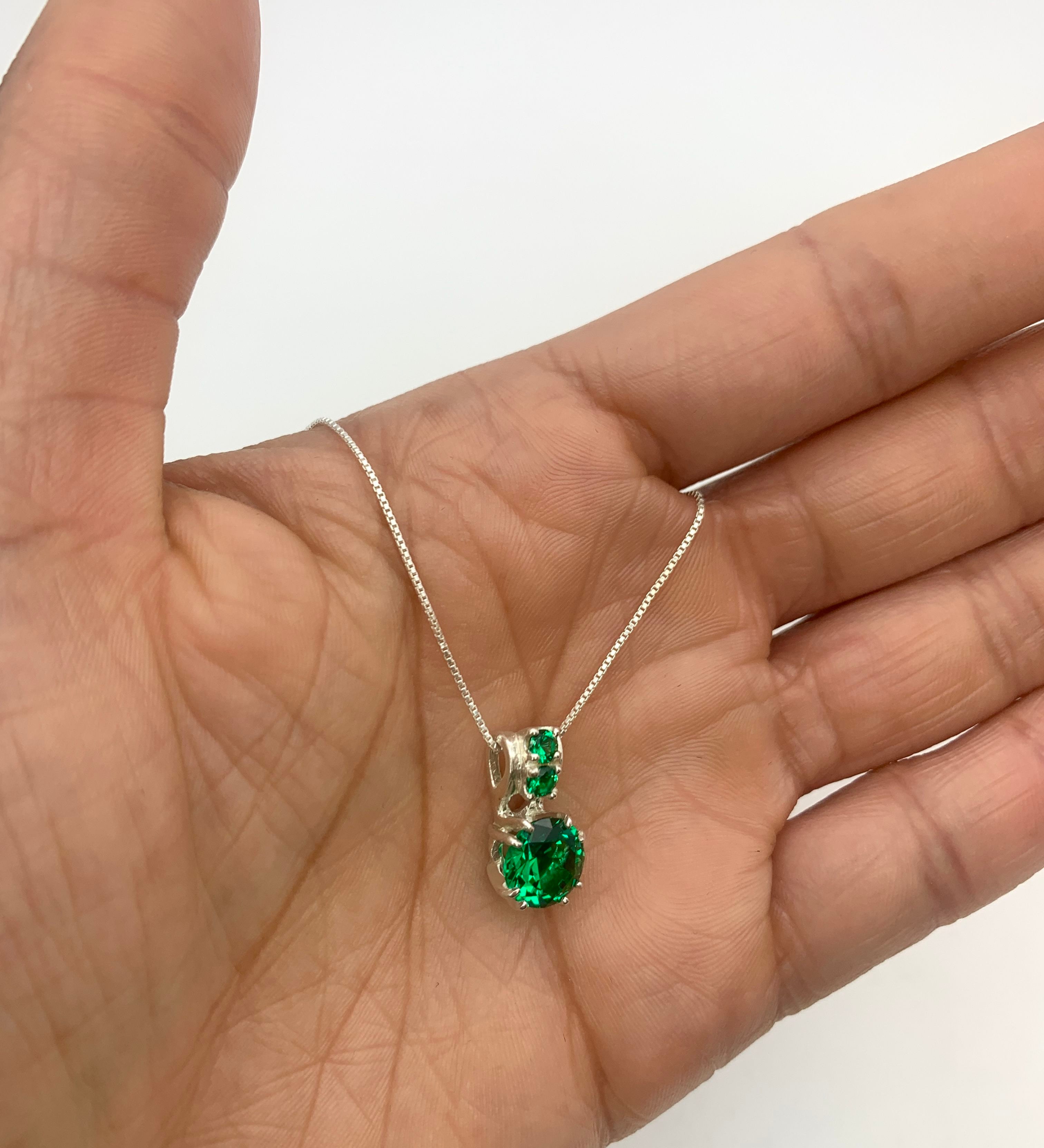 Elegant 925 Sterling Silver Emerald Pendant with Round Created Green Emerald, perfect for May birthdays and special occasions.