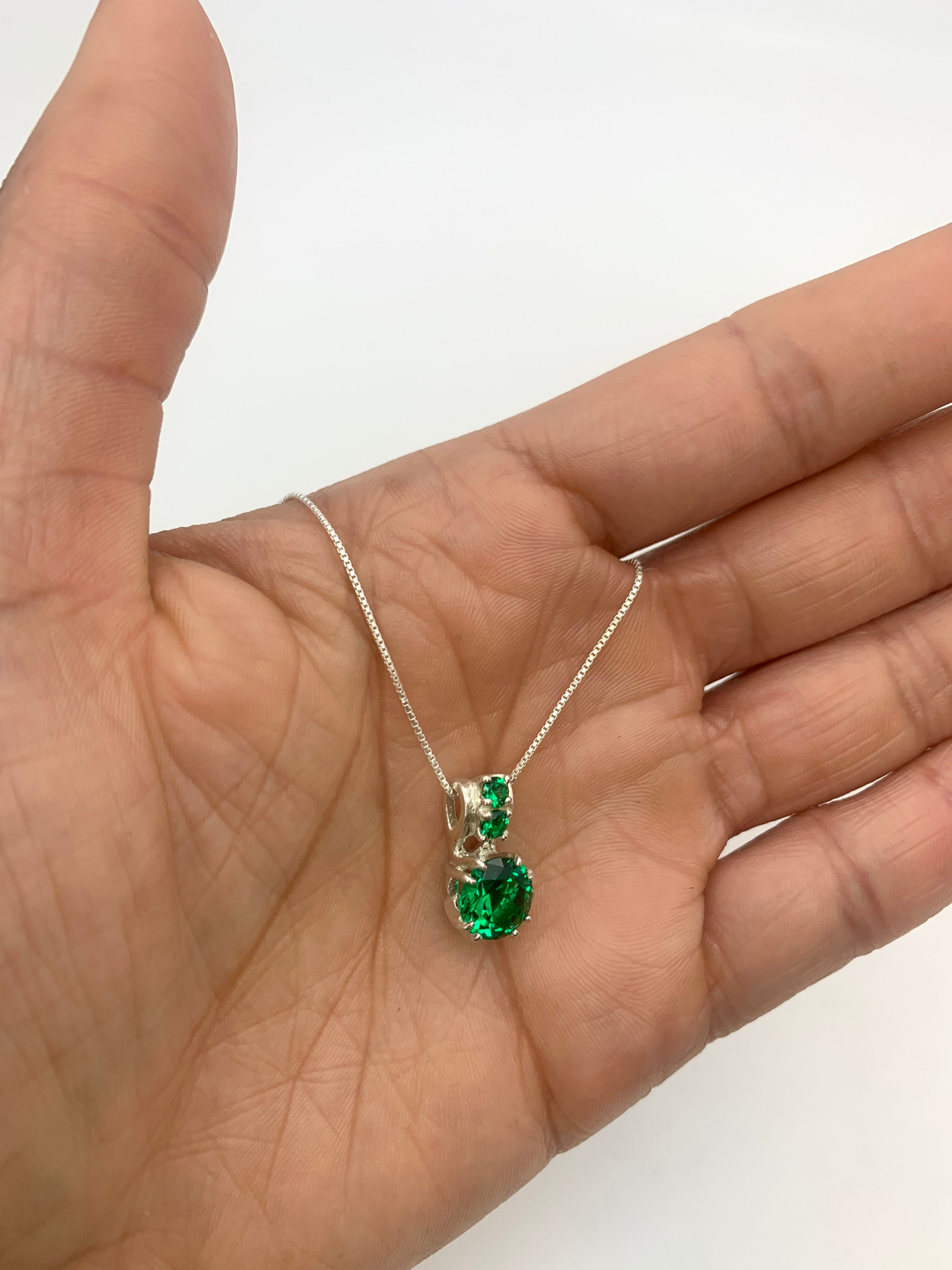 Elegant 925 Sterling Silver Emerald Pendant with Round Created Green Emerald, perfect for May birthdays and special occasions.