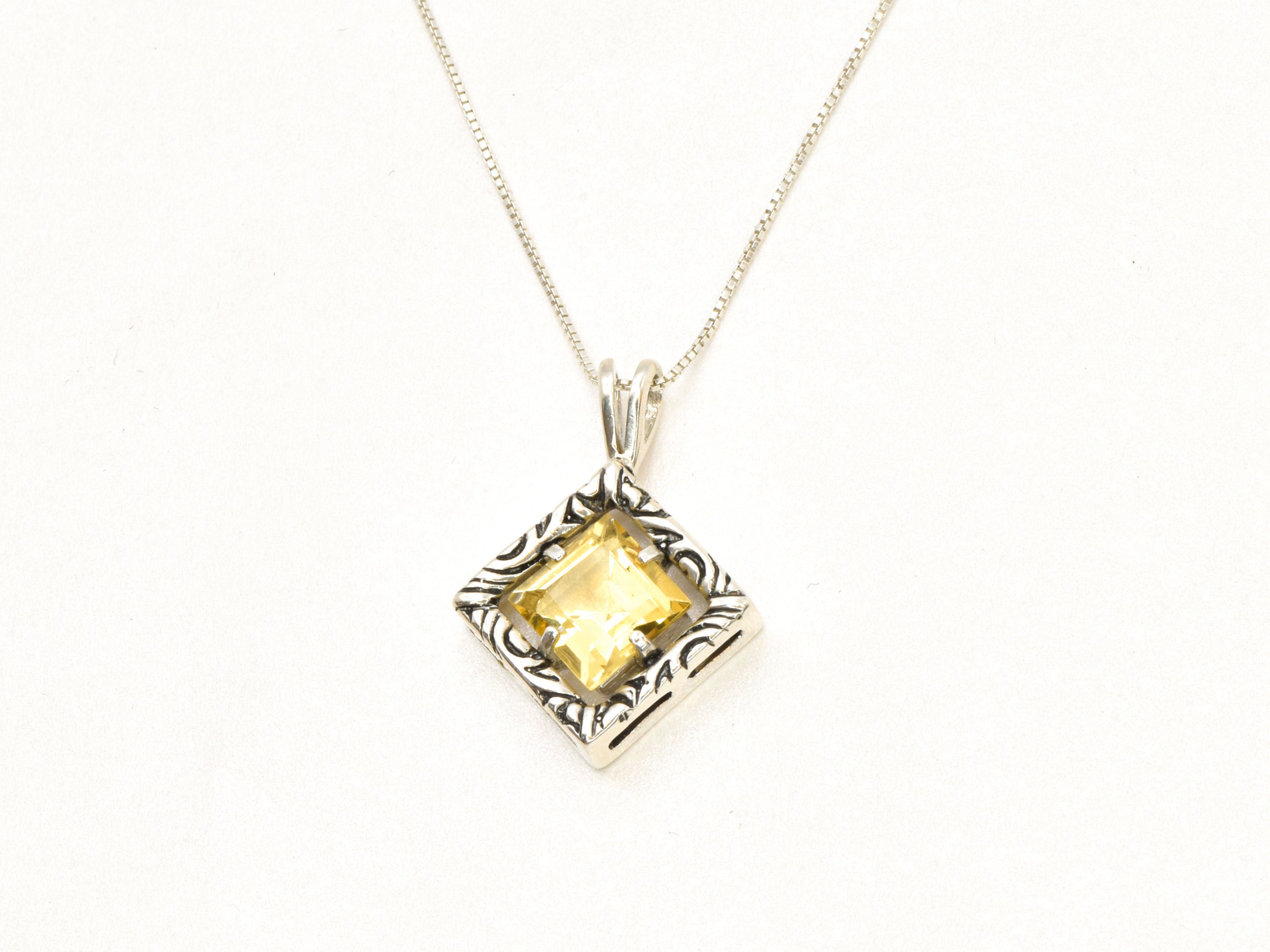 Square Citrine Pendant - Yellow Boho Necklace, October Birthstone Necklace
