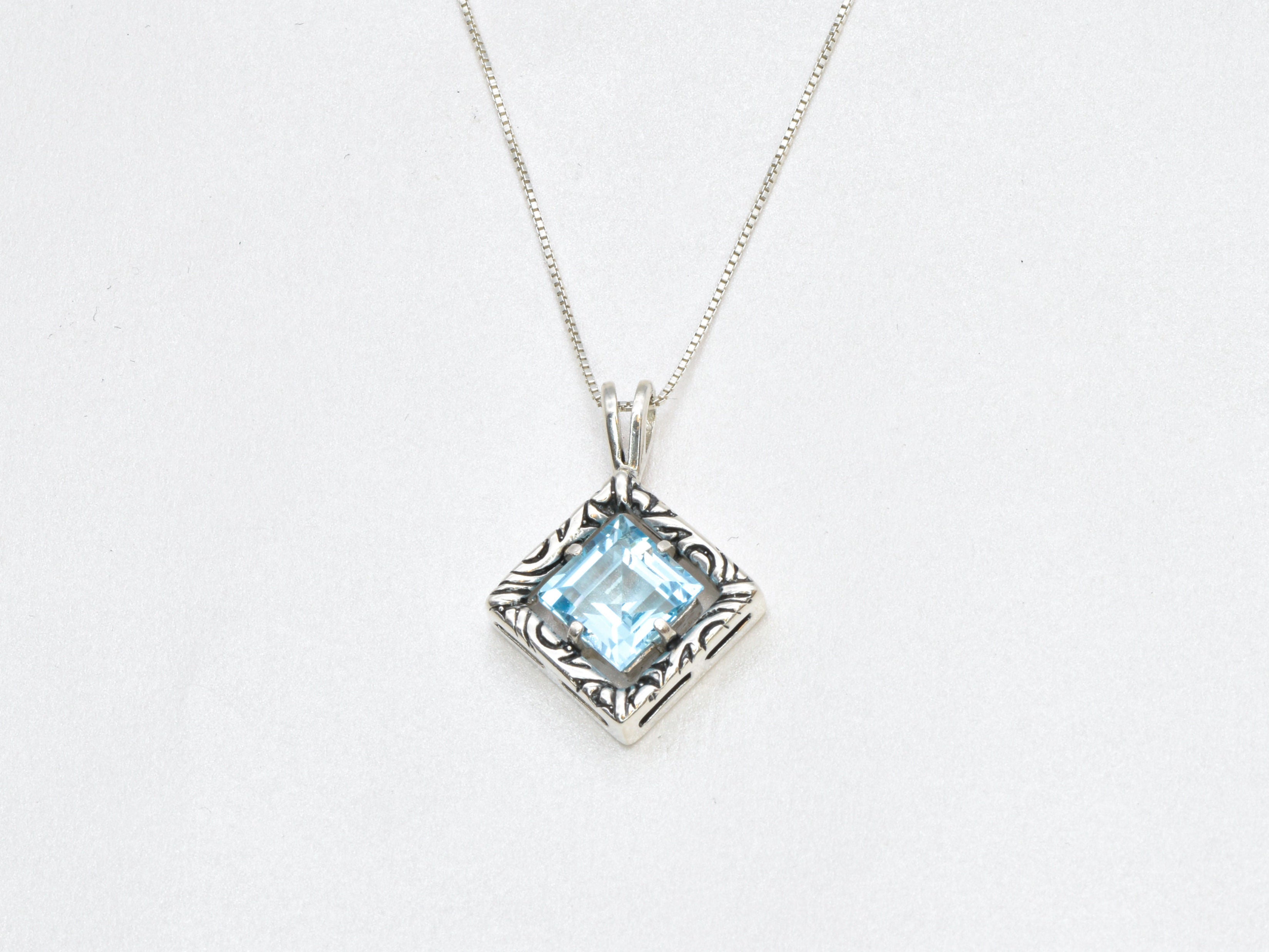 Blue Topaz Boho Pendant - December Birthstone Necklace, Blue Square Necklace