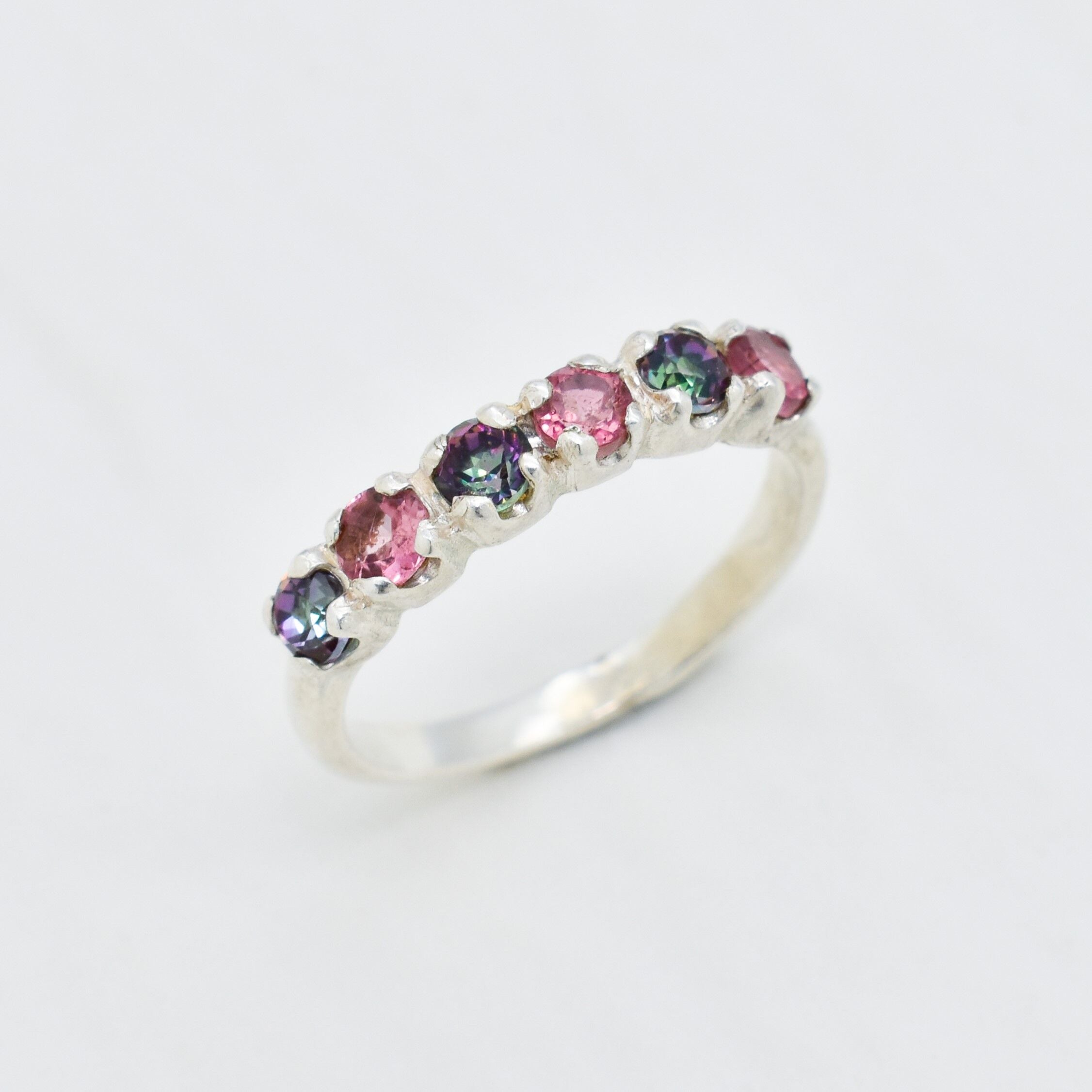 Half Eternity Ring, Promise Ring, Dainty Ring, Pink Tourmaline Ring, Mystic Topaz Ring, Half Eternity Band, Genuine Topaz, Solid Silver Ring (262722392)