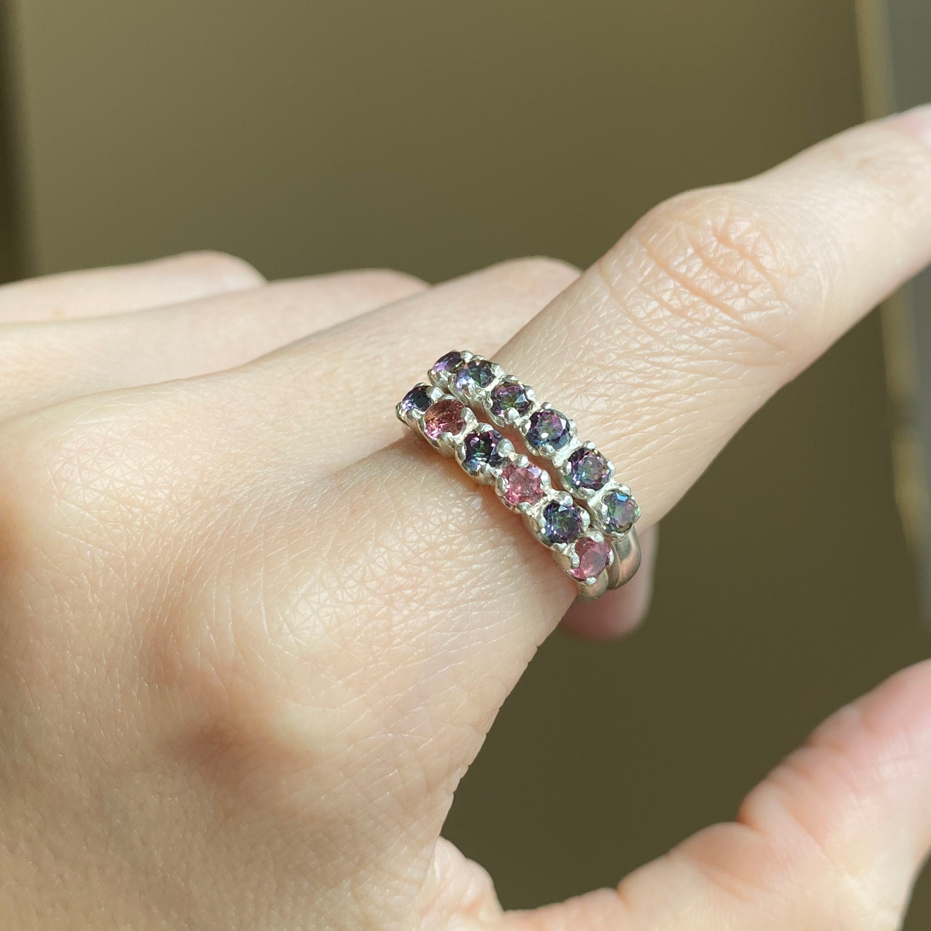 Half Eternity Ring, Promise Ring, Dainty Ring, Pink Tourmaline Ring, Mystic Topaz Ring, Half Eternity Band, Genuine Topaz, Solid Silver Ring (262722392)