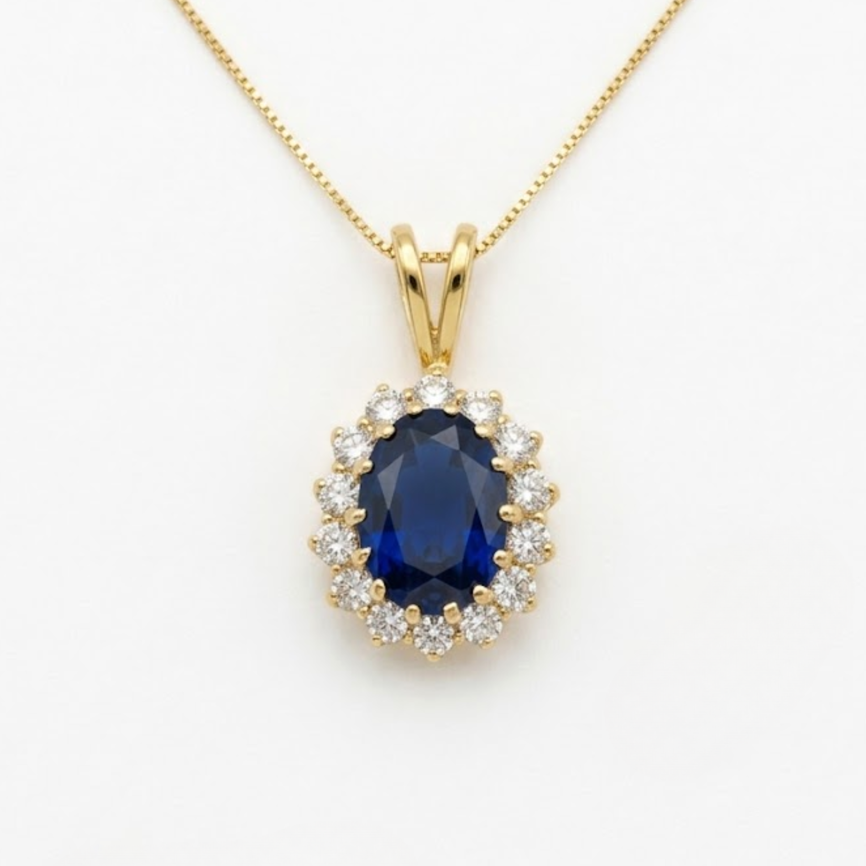 Created Sapphire Pendant made in 18k Gold Vermeil with Oval Created Blue Sapphire in Halo setting, September Birthstone gift idea, symbolizes sincerity, truth, and faithfulness, ideal for everyday wear and perfect for birthday gifting and special occasions.