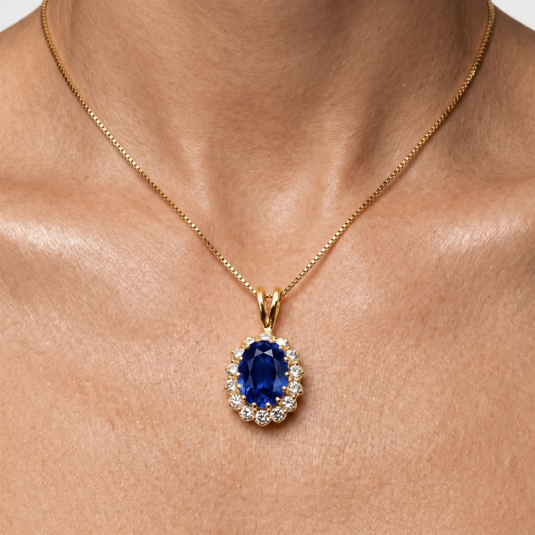 18k Gold Vermeil Sapphire Pendant, Oval Blue Sapphire in Halo, September Birthstone, symbolizes truth and faithfulness. Ideal gift.