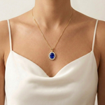 18k Gold Vermeil Sapphire Pendant, Oval Blue Sapphire in Halo, September Birthstone, symbolizes truth and faithfulness. Ideal gift.
