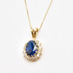 Created Sapphire Pendant made in 18k Gold Vermeil with Oval Created Blue Sapphire in Halo setting, September Birthstone gift idea, symbolizes sincerity, truth, and faithfulness, ideal for everyday wear and perfect for birthday gifting and special occasions.