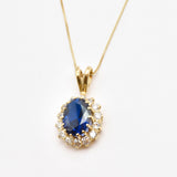 Created Sapphire Pendant made in 18k Gold Vermeil with Oval Created Blue Sapphire in Halo setting, September Birthstone gift idea, symbolizes sincerity, truth, and faithfulness, ideal for everyday wear and perfect for birthday gifting and special occasions.