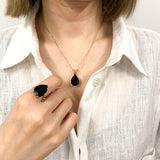 Gold Teardrop Ring - Natural Onyx, Large Statement Ring