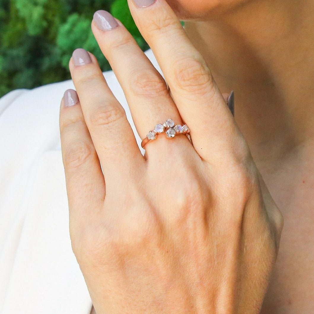 Moonstone Band, Rose Gold Ring, Natural Rainbow Moonstone, June Birthstone, Asymmetric Ring, Stackable Band, Gold Plated Ring, Vermeil Ring(1)