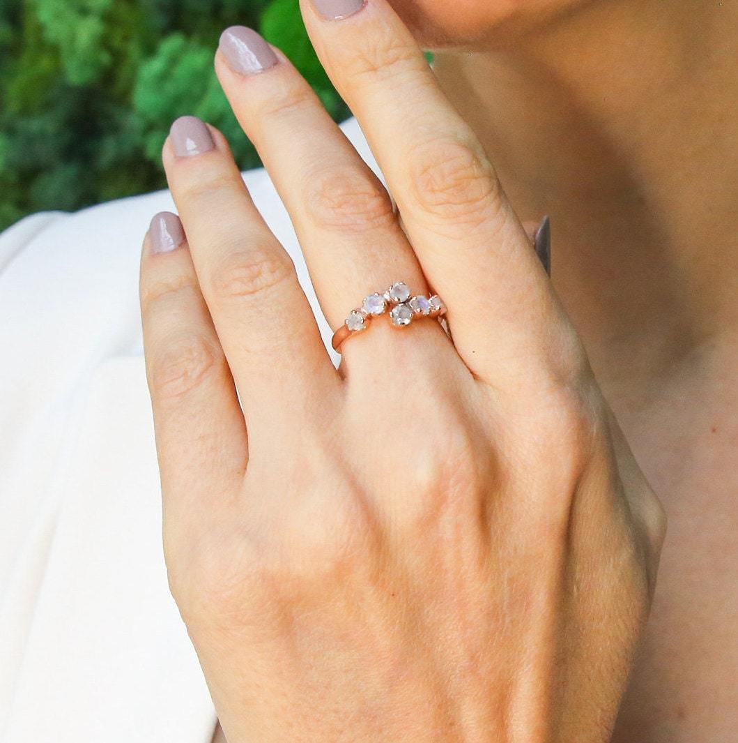 Moonstone Band, Rose Gold Ring, Natural Rainbow Moonstone, June Birthstone, Asymmetric Ring, Stackable Band, Gold Plated Ring, Vermeil Ring(1)