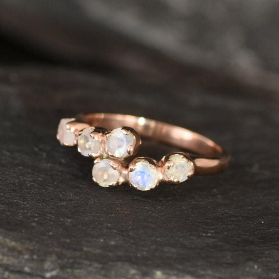 Moonstone Band, Rose Gold Ring, Natural Rainbow Moonstone, June Birthstone, Asymmetric Ring, Stackable Band, Gold Plated Ring, Vermeil Ring(1)