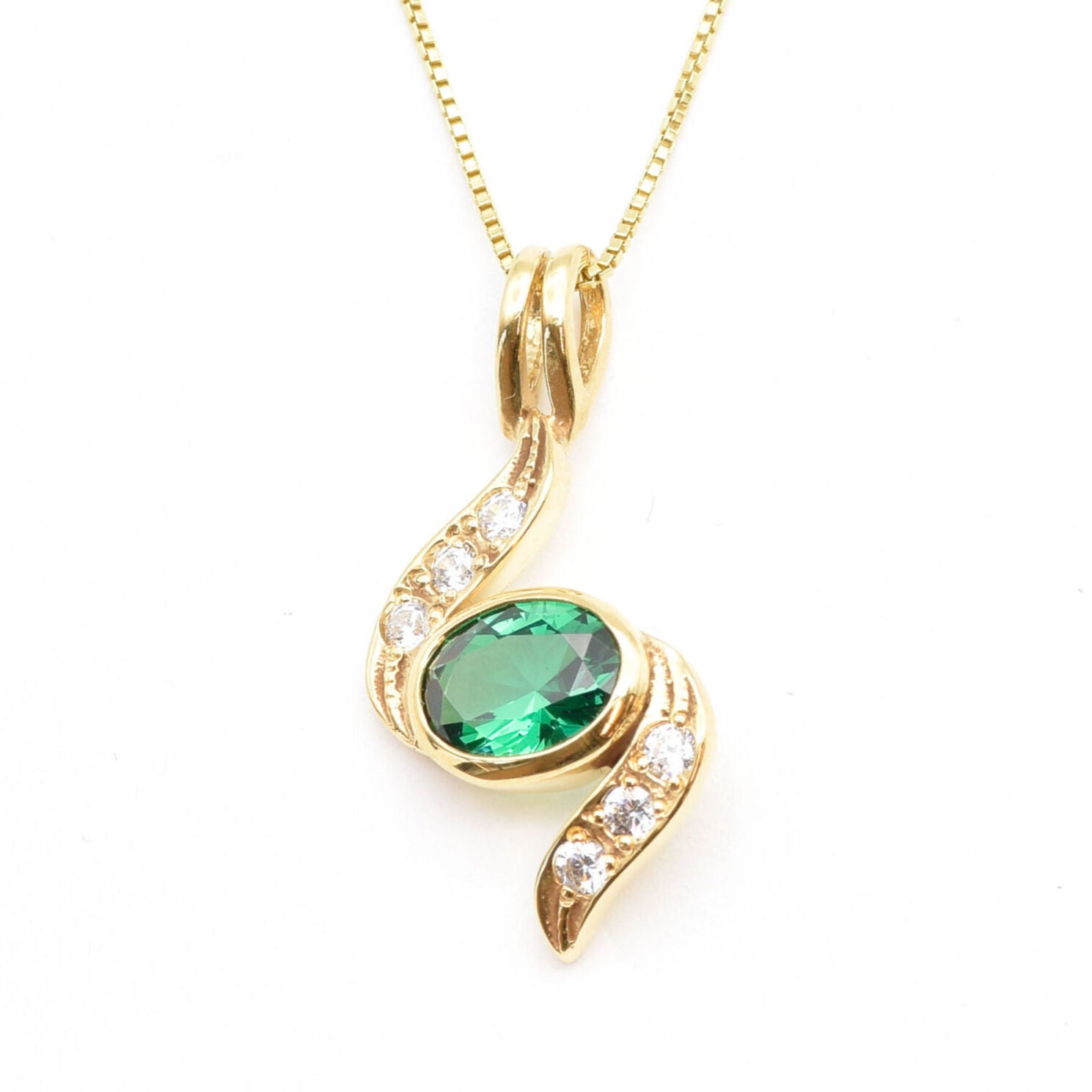 Created Emerald Pendant made in 18k Gold Vermeil with Oval Created Green Emerald in Bezel setting, May Birthstone gift idea, symbolizes, ideal for everyday wear and perfect for birthday gifting and special occasions.