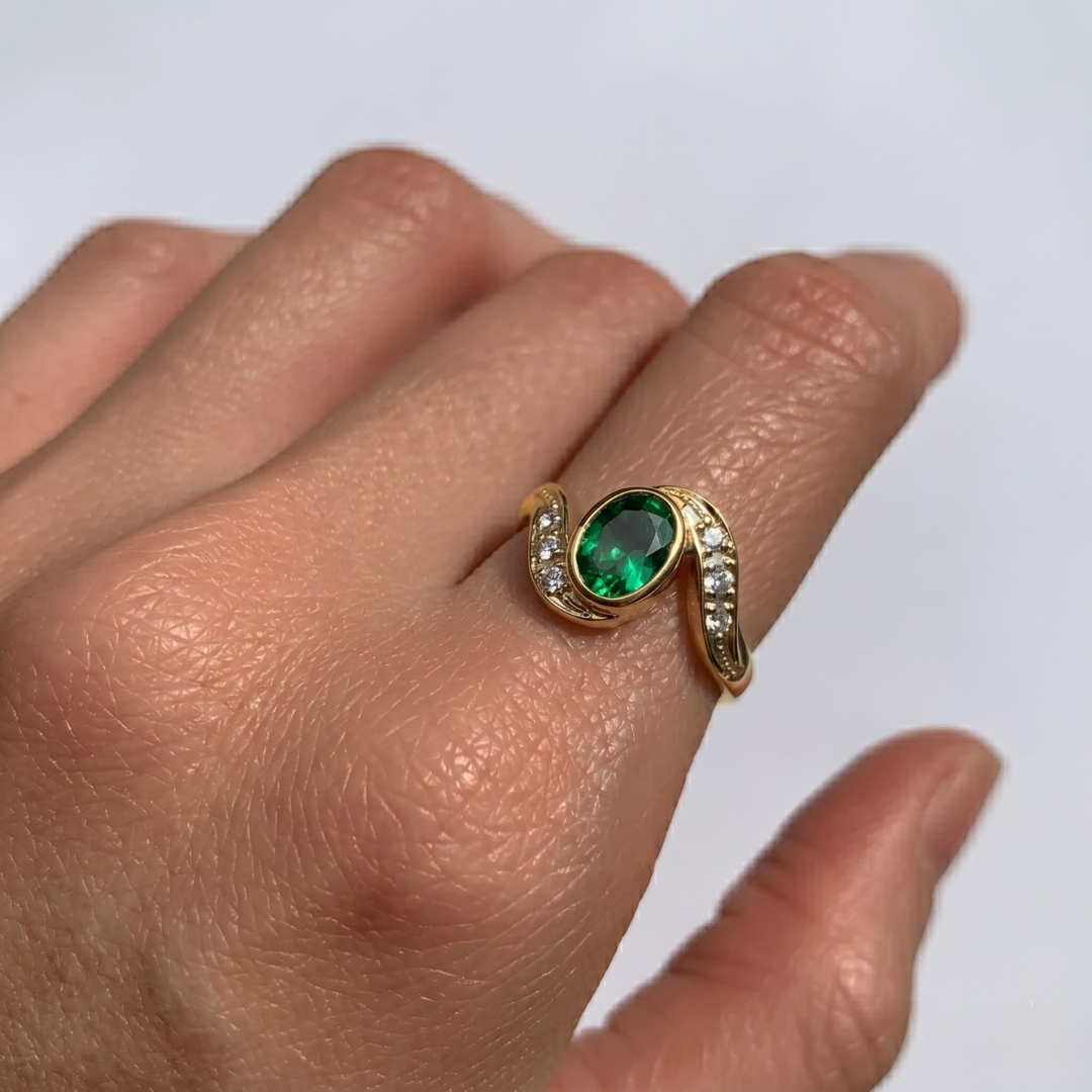 Stylish 18k Gold Vermeil Emerald Ring with Oval Created Green Emerald, a perfect May birthstone gift for any occasion.
