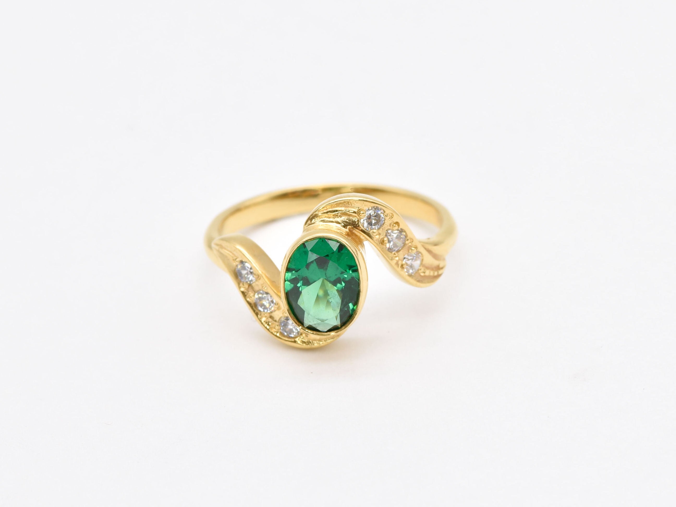 Created Emerald Ring made in 18k Gold Vermeil with Oval Created Green Emerald in Bezel setting, May Birthstone gift idea, symbolizes, ideal for everyday wear and perfect for birthday gifting and special occasions.