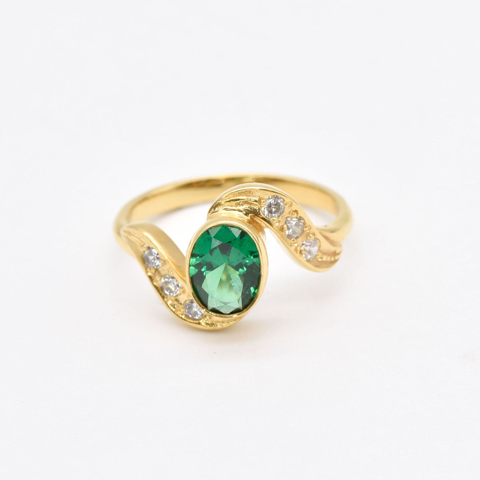 Created Emerald Ring made in 18k Gold Vermeil with Oval Created Green Emerald in Bezel setting, May Birthstone gift idea, symbolizes, ideal for everyday wear and perfect for birthday gifting and special occasions.