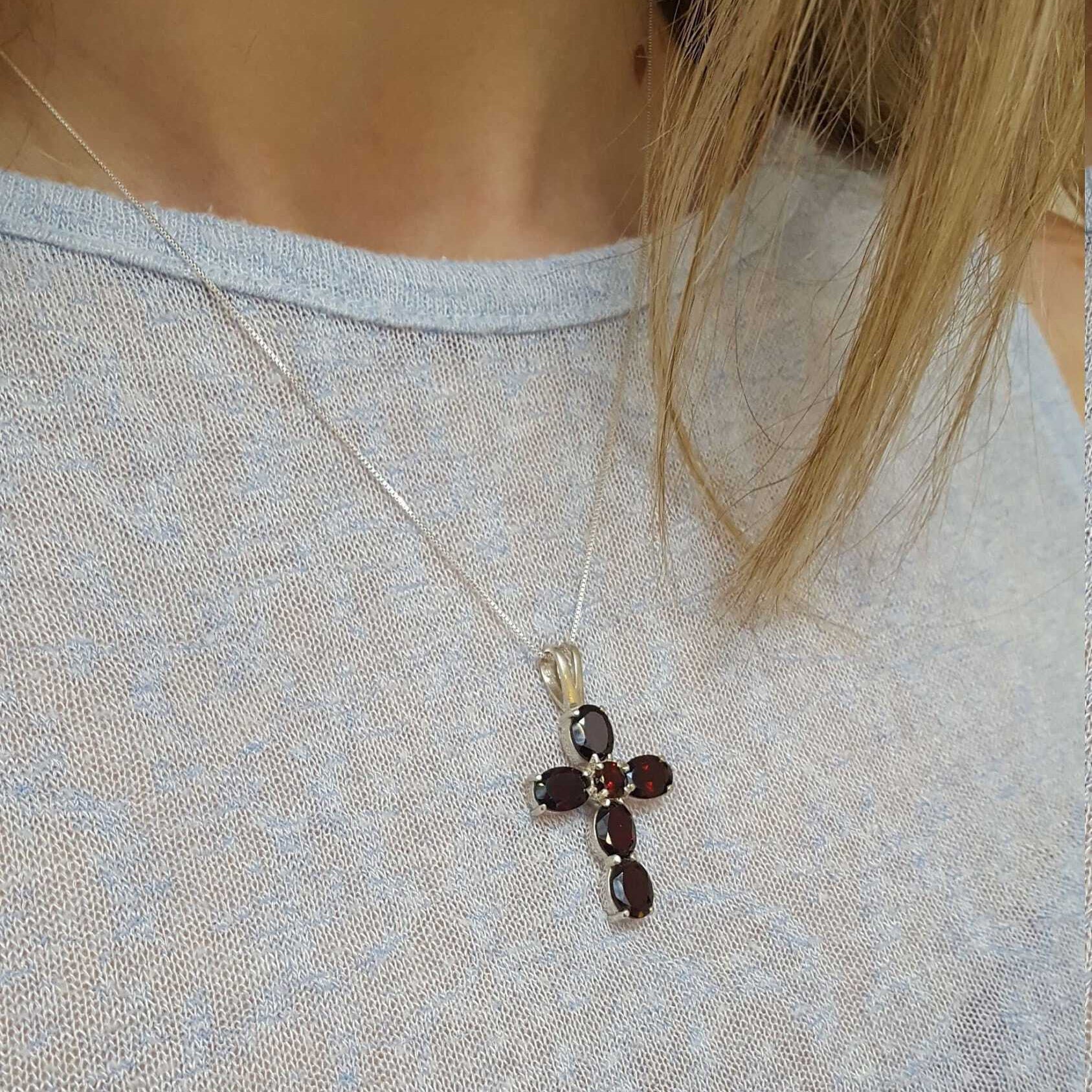 Cross Pendant, Garnet Pendant, Natural Garnet, Red Cross Pendant, Red Garnet Pendant, January Pendant, Christian Pendant, 925 Silver Pendant