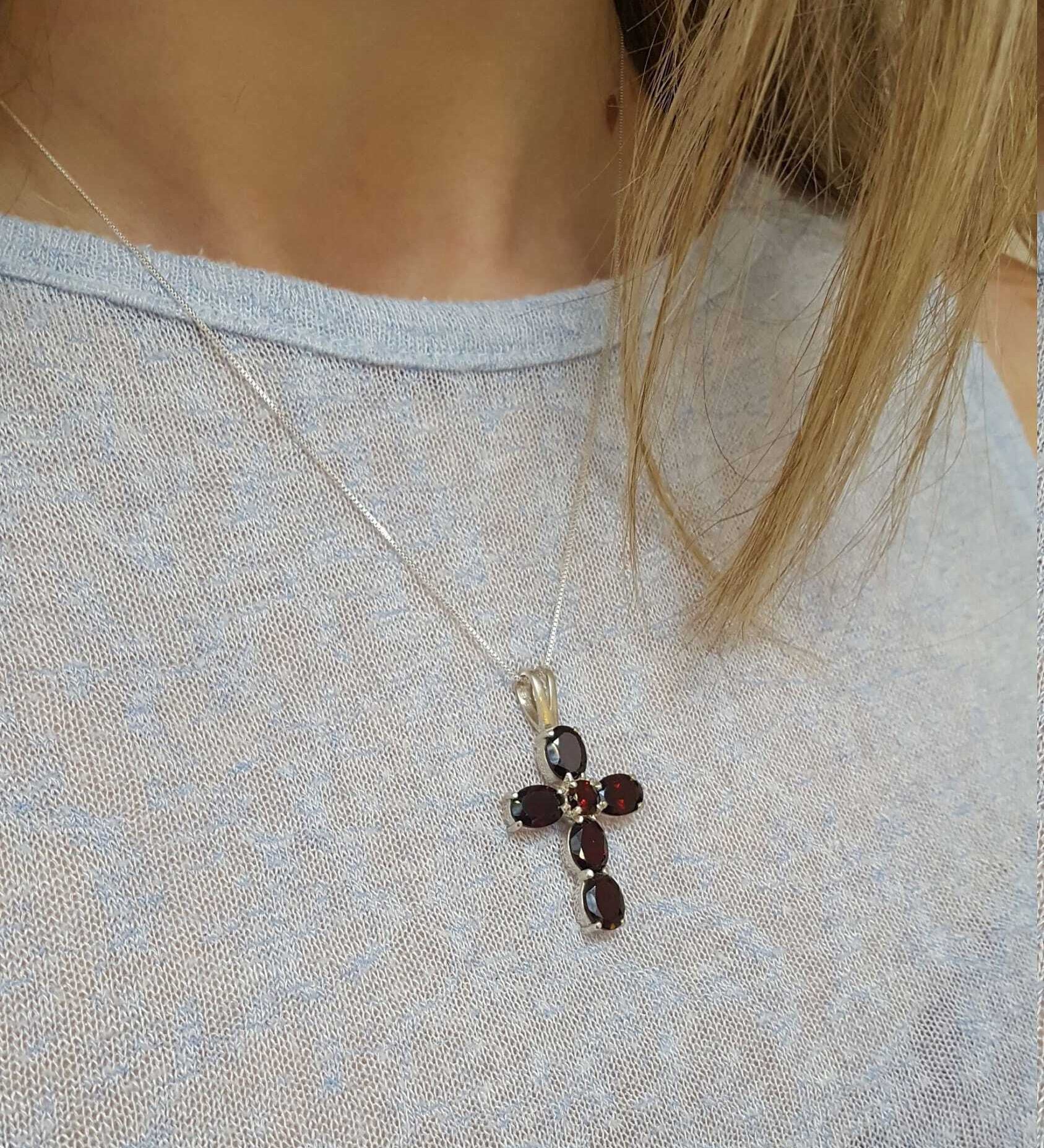 Cross Pendant, Garnet Pendant, Natural Garnet, Red Cross Pendant, Red Garnet Pendant, January Pendant, Christian Pendant, 925 Silver Pendant